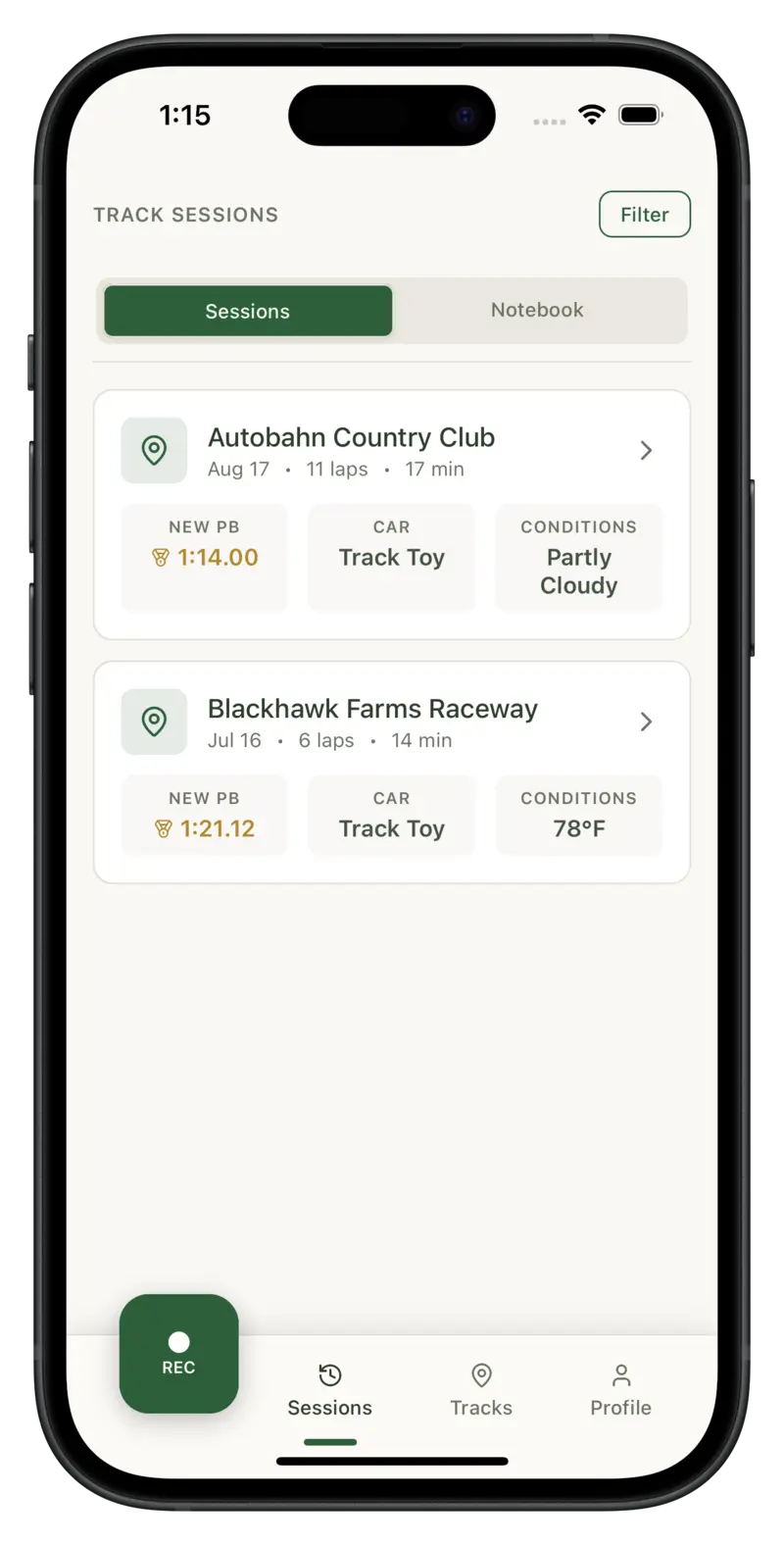 Stint app interface showing session management features